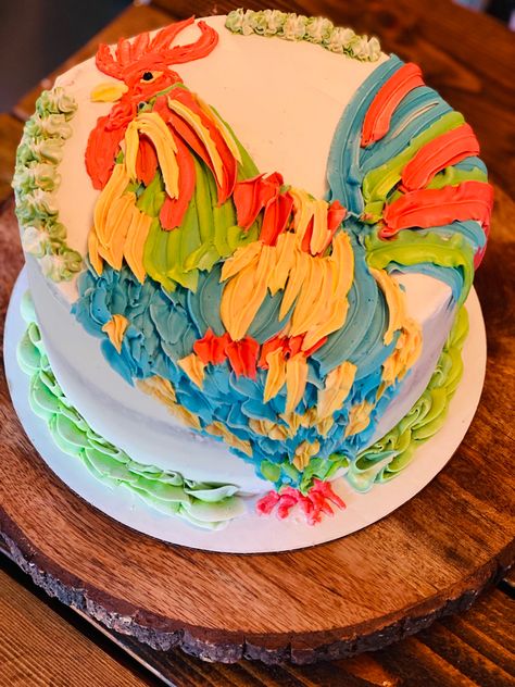 Freehand rooster design with buttercream frosting Rooster Cake Design, Rooster Cake, Opening A Bakery, Rooster Design, Buttercream Cakes, Mill Creek, Take The Cake, Buttercream Frosting, 8th Birthday