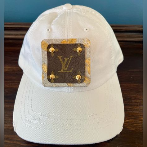 Classic Distressed Baseball Hat Featuring An Authentic Upcycled Luxury Brand Patch Accented With Faux Cowhide And Gold Rivets. Thank You For Shopping My Boutique.