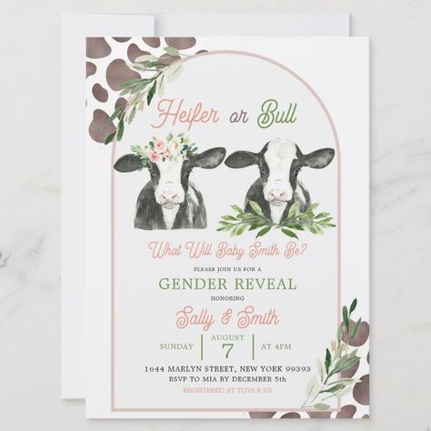 Cow Farm Gender Reveal Invitation  Zazzle Cow Gender Reveal Invitations, Gender Reveal Farm Ideas, Gender Reveal Ideas Farm Theme, Team Heifer Team Bull Gender Reveal, Gender Reveal Farm Theme, Cow Theme Gender Reveal Ideas, Gender Reveal Ideas For Party Western, Farm Themed Gender Reveal Ideas, Western Themed Gender Reveal