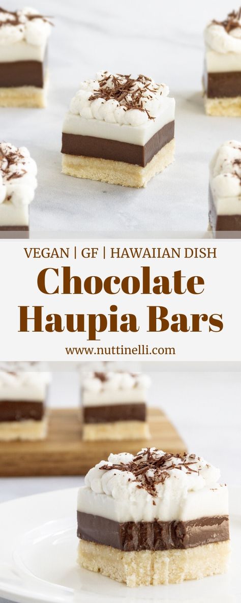 Chocolate Haupia Pie Bars - Hawaiian Desserts - Nutti Nelli Haupia Bars, Ginger Wellness Shots, Chocolate Haupia Pie, Chocolate Haupia, Hawaii Desserts, Hawaiian Dessert Recipes, Hawaiian Dessert, Haupia Pie, Hawaiian Desserts