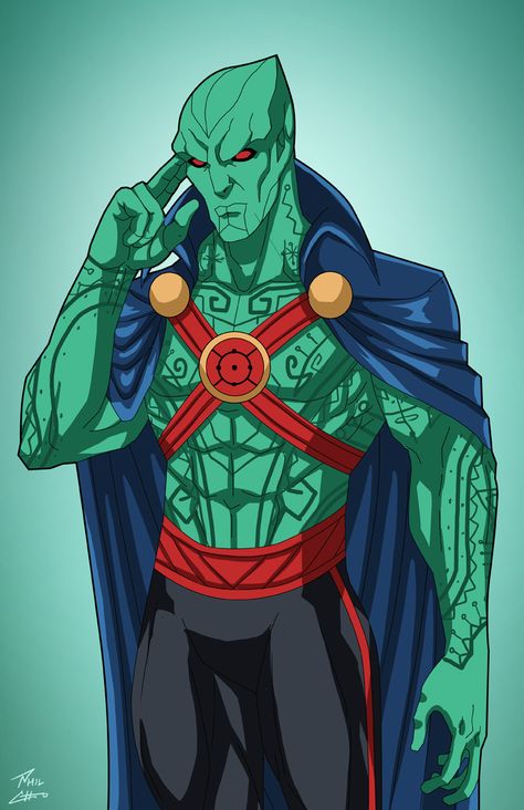 J'onn J'onzz (Earth-27) commission by phil-cho Earth 27, Phil Cho, Martian Manhunter, Fb Page, Concept Design, Dc Comics, Cape, Deviantart, Green