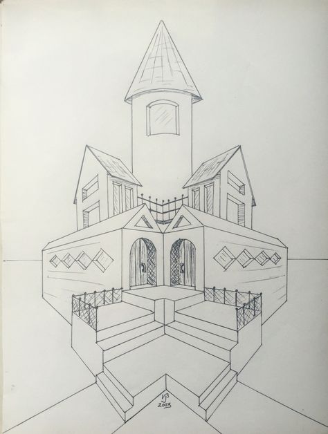 Symmetrical House in multi point perspective Multi Point Perspective Drawings, Symmetrical Art Drawing, Two Point Perspective House, Symmetrical Drawing Ideas, Multi Point Perspective, Symmetrical House Plans, Symmetrical House, Symmetrical Drawing, 3 Point Perspective