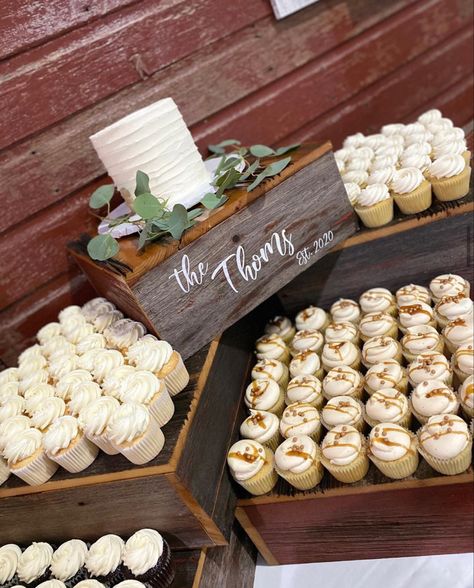 Wedding Cake Cupcakes Display, Cupcake Station Wedding, Rustic Wedding Cake And Cupcakes Display, Cupcakes Display Wedding, Wedding Cupcakes Table, Wedding Cupcake Display With Cake, Cupcakes At A Wedding, Cake Tables For Birthdays, Creative Cupcake Display