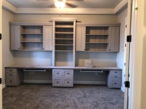 My office built in desk with two work stations. Done by Classy Closets. St George, UT Built In Desk With Cabinets, Desk With Cabinets, Office Layouts, Home Office Layouts, Classy Closets, Home Office Cabinets, Office Built Ins, Office Remodel, Craft Room Design