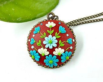 Purkina Clay Necklaces and Earrings by purkinahandmade on Etsy Maroon Red Color, Flowers Applique, Blue And White Flowers, Necklace Polymer Clay, Embroidery Necklace, Clay Things, Healing Crystal Jewelry, Polymer Clay Necklace, Red Gift