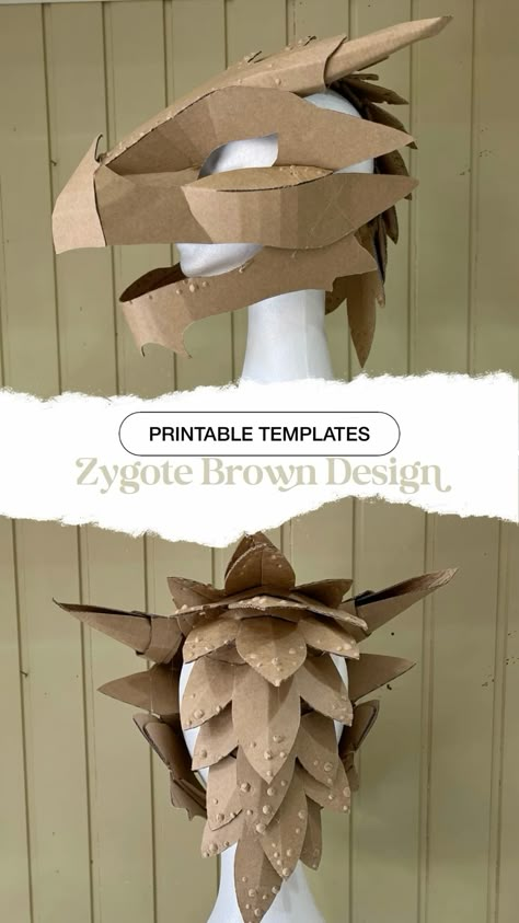 Using printable templates and video tutorials make to dragon mask costume. By Zygote Brown Designs How To Make Cosplay Mask, How To Make A Dragon Mask, Cardboard Dragon Mask, Dragon Mask Kids, Cardboard Mask Diy, Cardboard Mask Template, Dragon Mask Diy, Dragon Mask Template, Cardboard Dragon Head