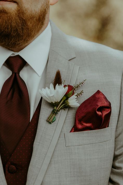 Maroon Wedding Tux Groom Suits, Grey Suit Burgundy Tie Wedding, Cream Suit Burgundy Tie, Grey Burgundy Suit, Groom Suit Red Tie, Wedding Suits Groom Maroon, Groom Burgundy Wedding, Groom Attire Maroon, Groom And Groomsmen Attire Maroon