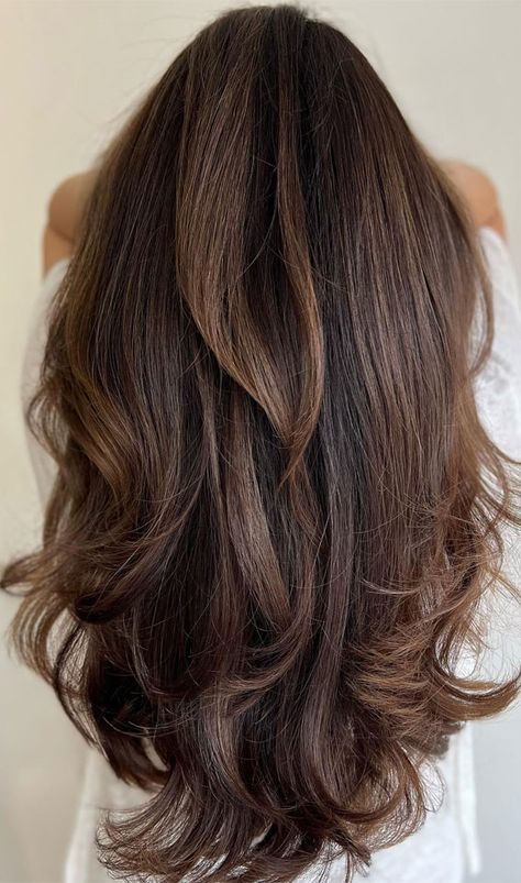 70 Hottest Brown Hair Colour Shades For Stunning Look : Dark Chocolate with Whiskey Brown Hair Colour Shades, Brunette Long Layers, Hair Colour Shades, Balayage Ash, Brown Hair Colour, Blonde Bronde, Bayalage Blonde, Colour Highlights, Brown Hair Color Shades