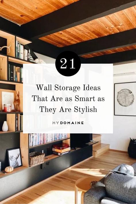 Square footage is a premium when it comes to storage. One way to organize your goods is with wall storage. If you're up for a good DIY or want a few simple product ideas, check out these spaces. Large Wall Storage Living Room, Hallway Wall Storage Ideas, Wall Mounted Storage Ideas, Interior Design Storage Ideas, Large Wall Storage Ideas, Whole Shelf Wall, Office Wall Shelving Ideas, Bedroom Shelving Ideas Wall Shelves, Wall Storage Living Room