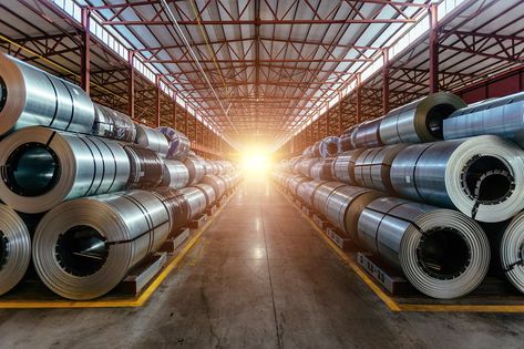 Rolls of galvanized steel sheet inside the factory or warehouse. Iron And Steel Industry, Tata Steel, Steel Mill, Iron Steel, Steel Sheet, Steel Bar, Plastic Waste, Supply Chain, Galvanized Steel