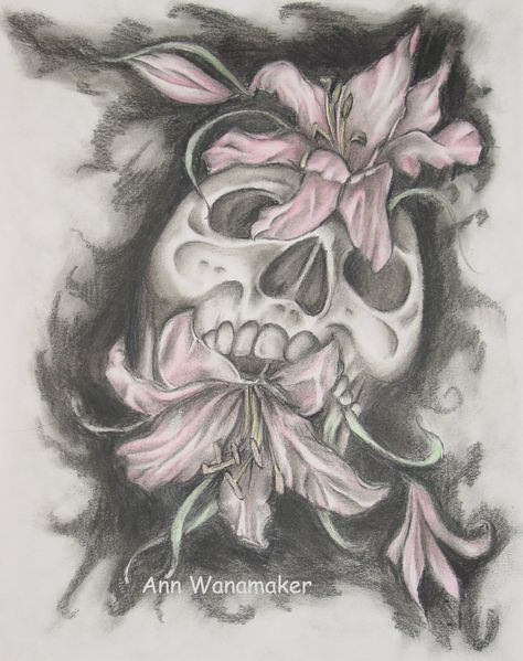 Skull With Lilies, Skull And Lilies Tattoo, Skull Lily Tattoo, Skull And Lily Tattoo, Skull Lotus Tattoo, Unique Flower Drawing, Lily Skull Tattoo, Lily Drawing, Skulls And Flowers