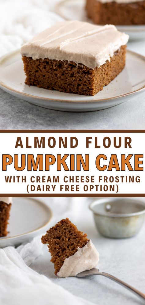 This almond flour pumpkin cake is the best pumpkin cake recipe! It's made with a classic cream cheese frosting, but there's an option for a dairy free and paleo frosting as well. Pumpkin recipes are perfect for the holidays. Pumpkin treats are fun to bring to parties and everyone will love this soft pumpkin spice cake recipe. Best Pumpkin Cake, Paleo Frosting, Almond Flour Pumpkin, Paleo Baking Recipes, Gluten Free Christmas Desserts, Pumpkin Spice Cake Recipe, Paleo Pumpkin Spice, Pumpkin Cake Recipe, Spice Cake Recipe