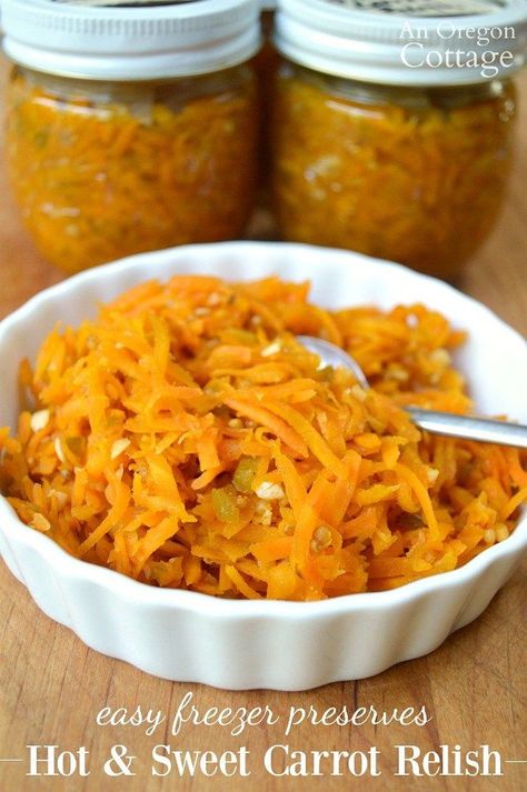 Make delicious hot and sweet carrot relish and keep in your freezer to bring a burst of flavor to so many dishes- roast meats, salads, or topping crackers. Carrot Relish, Sauces Recipes, Relish Recipe, Food Recipes Easy, Carrots Recipe, Meat Salad, Sweet Carrot, Relish Recipes, Roasted Meat