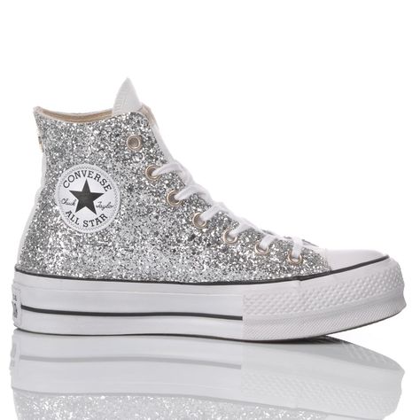 Converse Platform Glitter Silver Converse All Star Platform, Zapatillas All Star, Sparkly Converse, Silver Converse, All Star Platform, Glitter Converse, Trajes Country, Converse Platform, Hi Top Sneakers