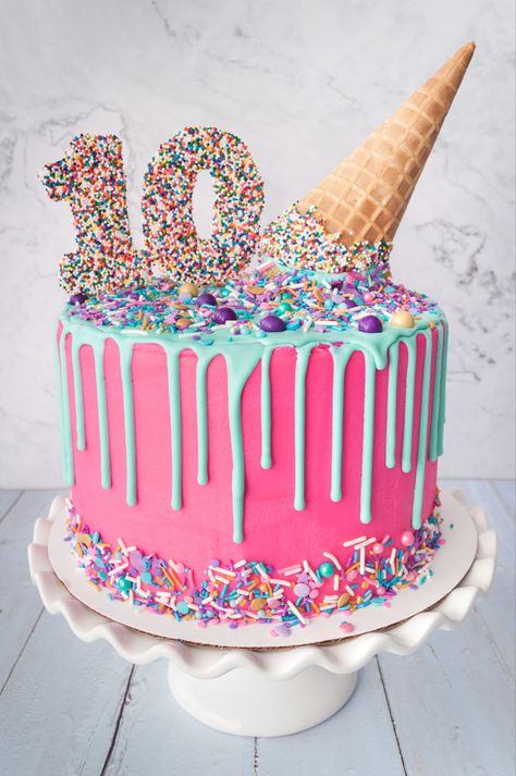 10th Birthday Cake, Ice Cream Birthday Cake, Candy Birthday Cakes, 10 Birthday Cake, Decoration Patisserie, Happy 10th Birthday, Ice Cream Birthday Party, Ice Cream Birthday, 10th Birthday Parties