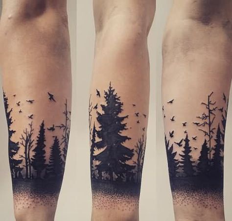 Arm Tattoos Cross, Trees Tattoo, Tree Silhouette Tattoo, Tree Tattoo Arm, Lower Arm Tattoos, Silhouette Tattoo, Tattoo Tree, Forest Silhouette, Nature Tattoo