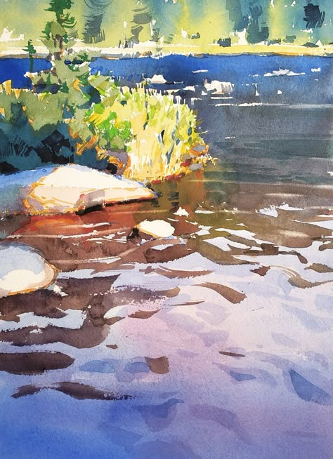 Yong Hong Zhong,    Pacific Northwest Plein Air Painting 2018. (Lake Oswego, OR), Creek Reflection, watercolor, 8” x 11” Watercolor Lake Landscapes, Watercolour Plein Air, Lose Watercolor Painting, Watercolor Lake Painting, River Watercolor Painting, Watercolor Plein Air, Reflection Watercolor, Watercolor Process, River Watercolor