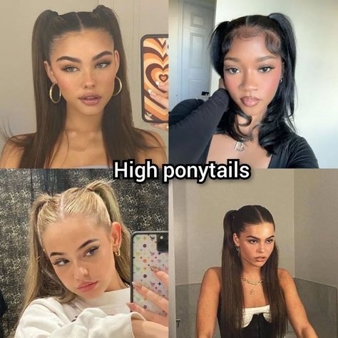 Which one do you choose?? #ponytail #highponytail #straighthair #bubbleponytail #curlyhair #hightbubdles #halfuphalfdownhairstyle #wavyhair #franchbraid #braids #pigtails #halfuphalfdownslickback #afrohair #franchcurls #sleekbun #buns #spacebuns #braidedtop #conrows #twolowpigtails #hairstyle #foryou #foryoupage Pigtail Braids Outfit, High Pig Tails Hairstyles, Cute Low Pigtails, Half Up Half Down Hair Pigtails, Cute Pigtail Hairstyles, Half Up Pigtails, Tails Hairstyles, Waitress Aesthetic, Hairstyle Pigtails