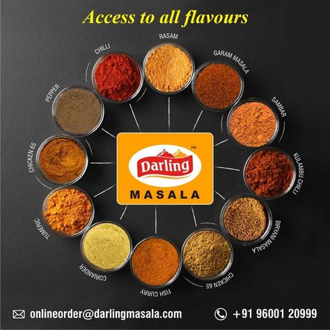 One brand to satiate your all masala needs. Carefully picked spices,ground to fine powder to treat your taste buds with mouth watering recipies. For a sumptuous treat call us at 9600120999. Carry your Darling from onlineorder@darlingmasala.com #darlingmasala #spices #foodie #food #foodphotography #foodblogger #masala #foodstagram #homemade #healthyfood #instafood #spicesofindia #indiancuisine #india #yummy #tastyfoods Sweet Corn Recipes, Spices Photography, Masala Powder Recipe, Food Photography Composition, Spices Packaging, Powder Recipe, Easy Food Art, Food Graphic Design, Food Backgrounds