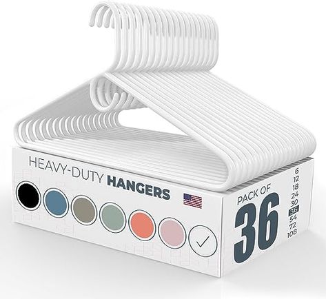 HEAVY-DUTY CLOSET HANGERS - A plastic hangers bulk set proudly made and packaged in the USA. Try out a coat hangers 36 pack or choose from multiple pack sizes and colors guaranteed to perfectly fit any closet! HIGH-QUALITY SLIM DESIGN - These plastic coat hangers are made using high-quality and strong materials. The hangers plastic design also includes a convenient accessory hook, making them useful for ties, scarves, belts, and other accessories. White Hangers, Plastic Clothes Hangers, Black Hangers, Scarf Organization, Closet Hangers, Plastic Clothes, Coat Hangers, Plastic Hangers, Wood Hangers