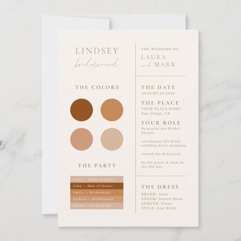 Elegant Minimalist Terracotta Bridesmaid Info Card Terracotta Bridesmaid, Arch Invitation, Bridesmaid Info Card, Simple Calligraphy, Invitation Minimalist, Modern Bridesmaid, Bridesmaid Invitation, Bridesmaid Colors, Custom Wedding Stationery