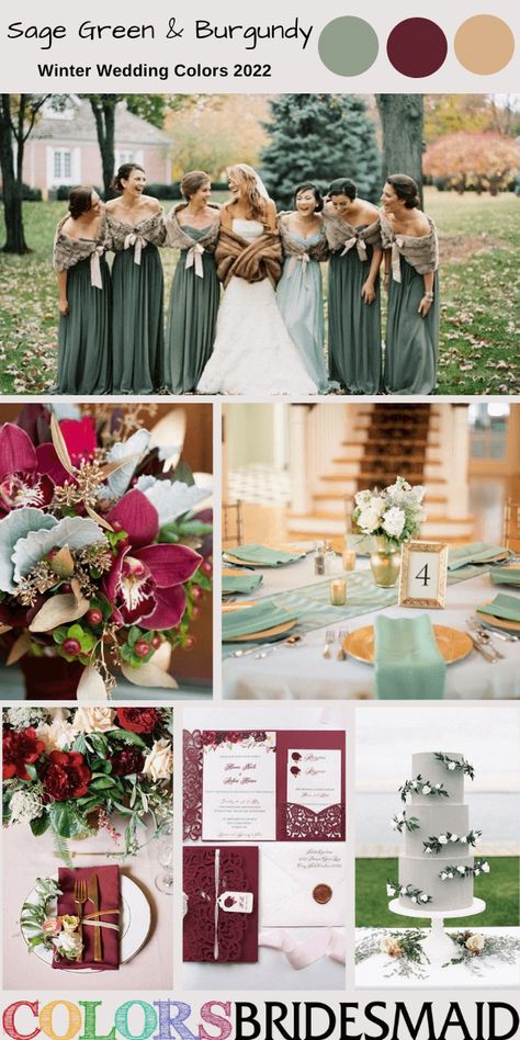 Perfect 8 Winter Wedding Color Palettes for 2022 - ColorsBridesmaid Sage Green Wedding Centerpieces, Sage Green Wedding Bouquet, Sage Green Wedding Cake, Wedding Invitation Sage Green, Green And Burgundy Wedding, Green Wedding Centerpieces, Green Table Settings, Sage Green Bridesmaid Dresses, Sage Wedding Colors