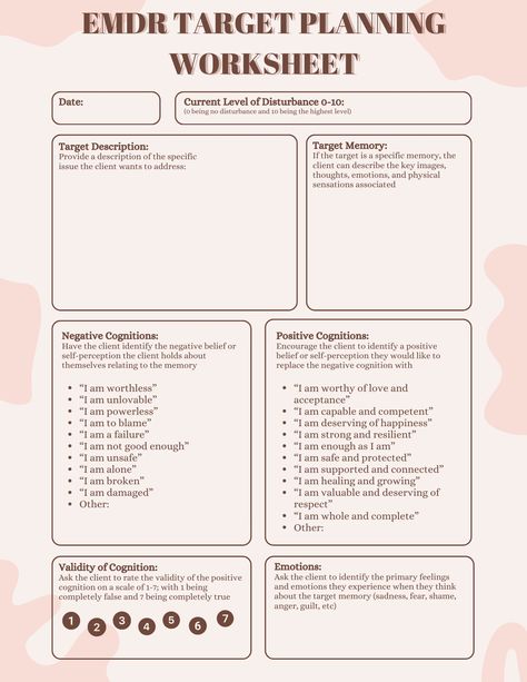 These Eye Movement Desensitization and Reprocessing (EMDR) worksheets offer guided questions and sections to collaborate with a client around what they are targeting in EMDR therapy. Sections include target descriptions, target memories, identifying negative and positive cognitions, the validity of cognitions, emotions that the target brings about for the client, identifying bodily sensations, goals of therapy, coping skills, and any other relevant data that the client may share in target planni Emdr Cognition List, Emdr Worksheets, Social Work Interventions, Planning Worksheet, Eye Movement, Clinical Social Work, Classroom Makeover, Emdr Therapy, Therapy Quotes