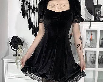 Women's Bandage Tie & Halter Designed Sexy Sleveless | Etsy Goth Dress, Grunge Vintage, Mini Robes, Vestidos Vintage, Gothic Dress, Velvet Lace, Lace Dress Black, Mini Velvet Dress, Grunge Style