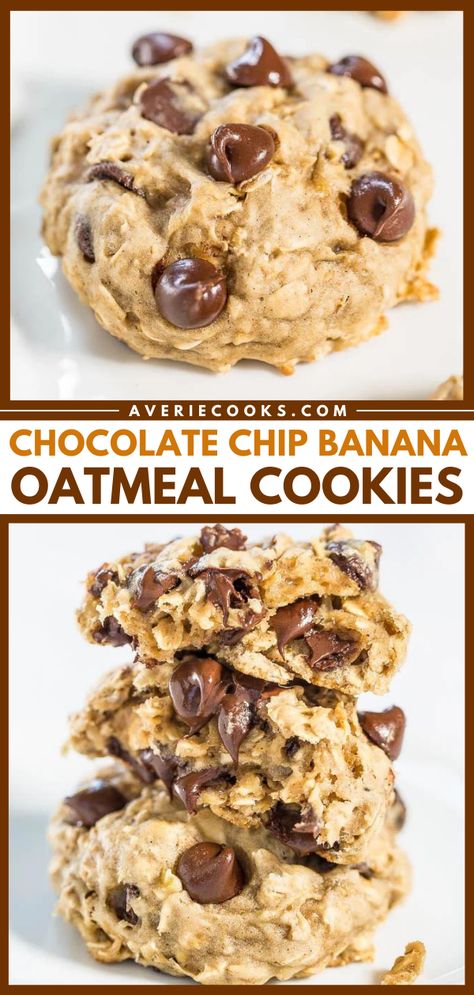 Chocolate Chip Banana Oatmeal Cookies - Averie Cooks Cookies Banana Oatmeal, Breakfast Cookies Banana, Banana Oatmeal Chocolate Chip Cookies, Banana Oatmeal Chocolate Chip, Cookies Banana, Averie Cooks, Breakfast Oatmeal, Banana Oatmeal Cookies, Oatmeal Chocolate Chip