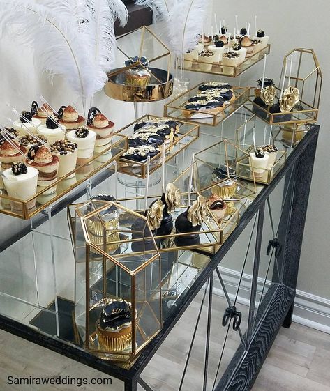 Party Like Gatsby Food, Speakeasy Dessert Table, Great Gatsby Dessert Table, Gatsby Party Food, Liquor Table, Christmas Party Dessert, Gold Dessert Table, 66th Birthday, Roaring 20s Wedding