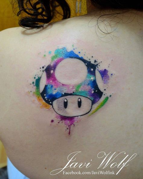 Watercolor Mushroom tattoo done by @javiwolfink. To submit your work use the tag… Watercolor Disney Tattoo, Super Mario Tattoo, Nintendo Tattoo, Tat Inspiration, Watercolour Tattoos, Mario Tattoo, Mushroom Tattoo, Gamer Tattoos, Video Game Tattoo