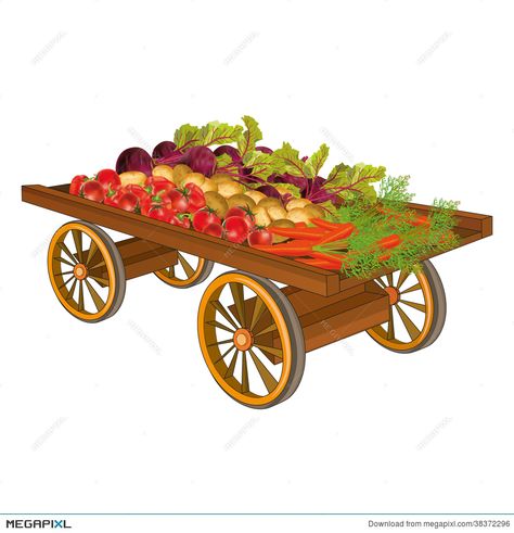 Wooden cart with harvest of vegetables Vegetable Cart, School Wall Art Ideas, Vegetables Illustration, Free Cartoon Characters, Farm Cartoon, Beets Carrots, Photoshop Hair, Wooden Cart, Vegetable Shop