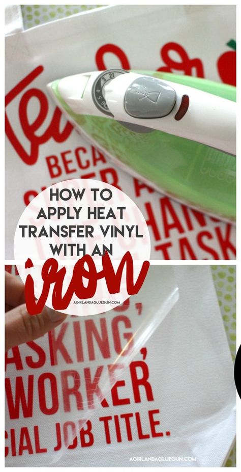 How to apply Heat transfer vinyl with an Iron! - A girl and a glue gun Heat Vinyl Projects, Tshirt Ideas Design Vinyls, Tshirt Ideas Design, Cricut Clothing, Cricut Heat Transfer Vinyl, Silhouette Tutorials, Cricut Tips, Cricut Projects Beginner, Htv Vinyl