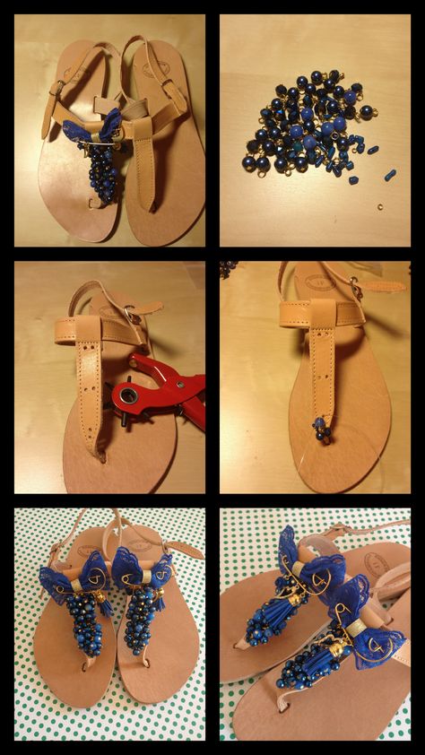 DIY sandals. Follow the steps (as shown in the image) and create your own sandals. You will need a pair of sandals, various beads and head pins, a tool to make the holes, lace, fishing cord, charms and a safety pin. Embellished Footwear, Macrame Shoes, Diy Leather Sandals, Egyptian Sandals, Shoes Creative, Bling Accessories, Diy Sandals, Diy Slippers, Tassel Shoes