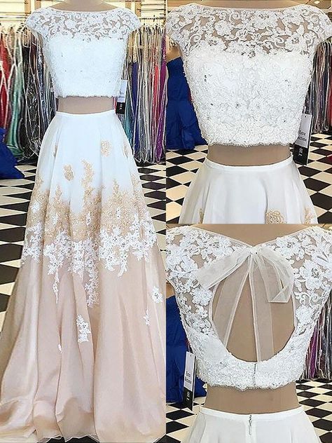 A-Line/Princess Sleeveless Bateau Chiffon Lace Floor-Length Two Piece Dresses - Hebeos Online Prom Dress Two Piece, White Lace Prom Dress, Two Piece Dresses, Prom Dresses Long Lace, Night Dresses, Floor Length Prom Dresses, Evening Dresses With Sleeves, Prom Dresses Two Piece, Lace Prom Dress