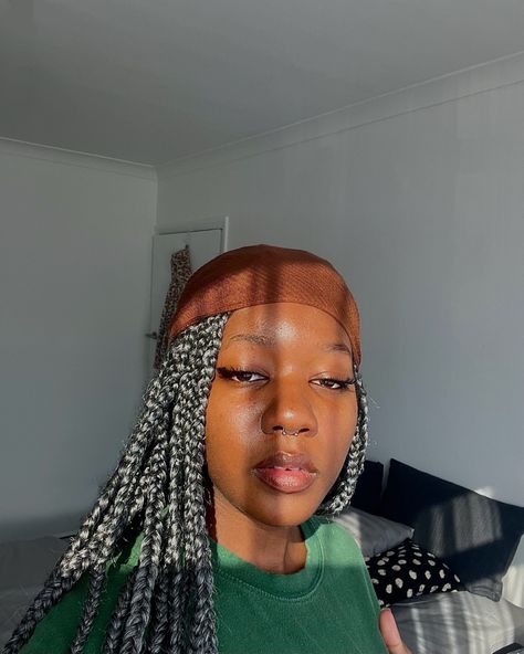 Brown skin, brown aesthetic, black girl fits, grey box braids, coloured box braids, colored box braids, hair inspo, golden hour, forest green, colour combos, winter fit, autumn outfits Coloured Box Braids, Golden Hour Forest, Grey Box Braids, Libra Szn, Colored Box Braids, Colour Combos, Winter Fit, Braids Hair, Aesthetic Black