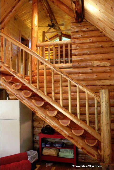 Log Staircase, Log Stairs, Log Cabin Living Room, Rustic Staircase, Log Ideas, Rustic Stairs, Log Cabin Living, Log Cabin Interior, Cabin Living Room