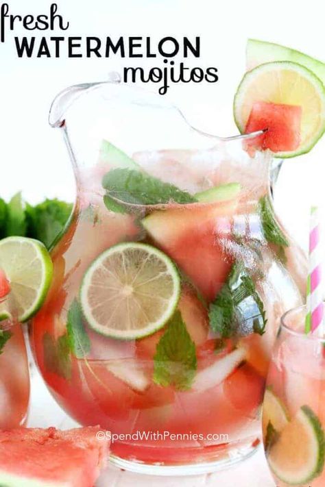 Watermelon Mojitos make a refreshing summer cocktail! Sweet juicy watermelon, tangy lime and garden fresh mint create the perfect blend for sipping on the deck! #spendwithpennies #easymojitos #easyrecipe #summerdrink #withmint #withlime #freshrecipe Tonic Cocktails, Batch Cocktail Recipe, Berry Sangria, Punch Cocktails, Watermelon Mojito, Batch Cocktails, Refreshing Summer Cocktails, Party Punch, Fresh Watermelon