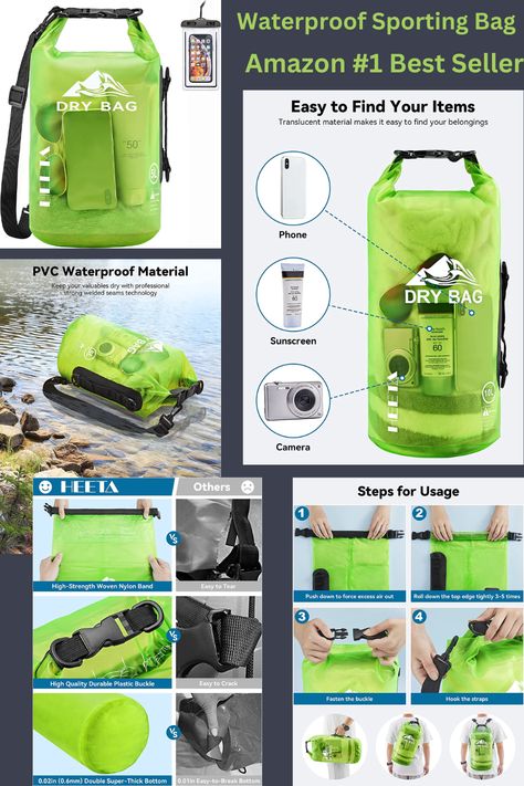 Waterpropof Dry all purpose Sporting bag Brand: Heeta Waterproof Dry Bag for Women Men, 5L/10L/20L/30L/40L Roll Top Lightweight Dry Storage Bag Backpack with Phone Case for Travel, Swimming, Boating, Kayaking, Camping and Beach Made by 0.02 in (0.6 mm) thick wear-resistant material Adjustable Shoulder Straps & Handle for shoulder carrying and backpack Transparent dry bag Waterproof Dry Bag, Beach Sports, Roll Top, Dry Bag, Simple Bags, Bag Brand, Boating, Storage Bag, Kayaking