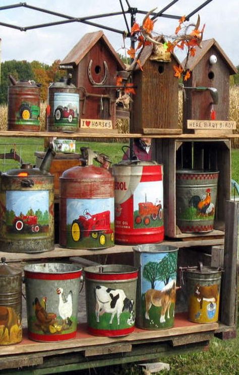 Swap Meet Ideas, Painting Rusty Metal, Painted Milk Cans, Milk Can Decor, Farm Paintings, Bird Houses Painted, Glass Engraving, Antique Fairs, Found Object Art