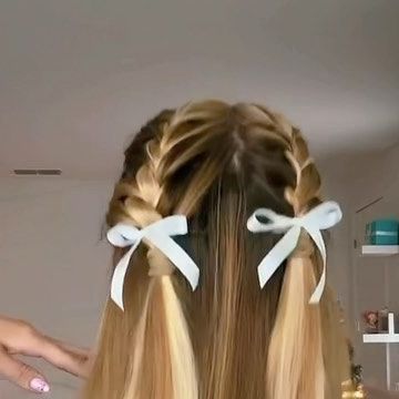 GRACE TAYLOR on Instagram: "Cutie half up/down French braids with lil bows🎀💚 #7daysofhairstyles #7daysofribbonhairstyles #ribbon #hairbow #hairribbon #hairtutorial #hairstyles #cutehairstyles #heatlesshair #heatlesshairstyle #halfuphalfdownhairstyle #longhair #blonde #easyhairstyles #hairroutine #haircare #explore #explorepage #lifestyle #contentcreator #straighthair #slickedbackhair #halfuphalfdownfrenchbraids #halfuphalfdownbraids #frenchbraids" French Braids With Ribbon, Half Ponytail With Bow, How To Do A Bow In Your Hair Half Up, Half Up With Bow Hairstyle, Cute Half Up Half Down Hairstyles With Bow, Half Up Half Down Hair Bow Ribbons, Dutch Braid Half Up, Braid Half Up Half Down, French Plait