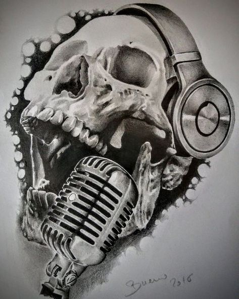 Skull With Headphones Tattoo, Skull And Headphones, Corner Tattoo, Skull With Headphones, Headphones Tattoo, Headphones Drawing, Tattoo Designs, Headphones