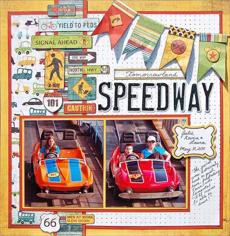 Madeline's Gallery: Tomorrowland Speedway *BasicGrey Wander* Disney Rides Scrapbook Pages, Disneyland Scrapbook, Disney Layouts, Scrapbook Boys, Disney Scrapbooking Layouts, Vacation Scrapbook, Disney Scrapbook Pages, Disney Rides, Disney Memories