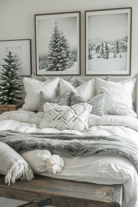 Top Cozy White Winter Bedroom Decor Ideas Master Bedrooms Decor Cozy Christmas, Cozy Winter Bedding Bedrooms, Snow Room Decor, Winter Wonderland Bedroom Decor, Snowy Bedroom Aesthetic, Winter Bedroom Decor Ideas, Seasonal Bedding Ideas, Winter Theme Bedroom, Modern Cozy Christmas Decor