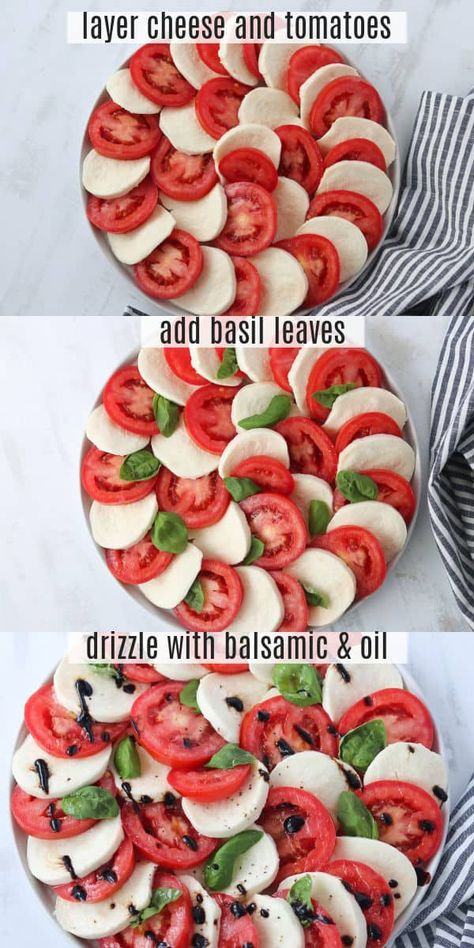 tomato mozzarella caprese salad making steps in a collage Caprese Salad Large Group, Tomato Mozzarella Charcuterie, Caprese Salad Charcuterie Board, Tomato Mozarella Appetizer Ideas, Mozzarella And Tomato Appetizer, Tomato And Mozzarella Appetizer, Mozarella Recipes Dinner, Caprese Salad Appetizer, Mozzarella Tomato Basil