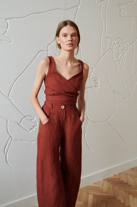 Terra Cotta Outfit, Terracotta Outfit, Hourglass Style, Violet Summer, Linen Blouses, Linen Wrap Top, Waffle Toppings, Womens Blouses, Loose Fitting Tops