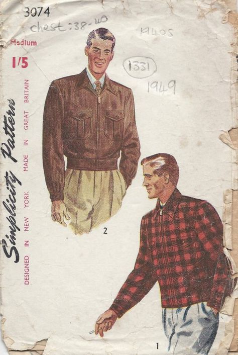 1949 Vintage Sewing Pattern C38"-40" MEN'S JACKET & LUMBER JACKET (1331) - The Vintage Pattern Shop Vintage Vogue Sewing Patterns, Sew In Weave, Vogue Sewing, Vogue Sewing Patterns, Couture Vintage, Clothes Sewing Patterns, Simplicity Patterns, Vintage Vogue, Dress Sewing Patterns