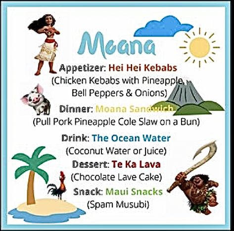 Moana Themed Dinner, Moana Movie Night Food, Moana Dinner And A Movie, Disney Movie Snacks, Disney Dinner And Movie Night Recipes, Family Movie Themed Dinner Ideas, Moana Recipes, Disney Movie Themed Dinner Ideas, Disney Movie Dinner Ideas