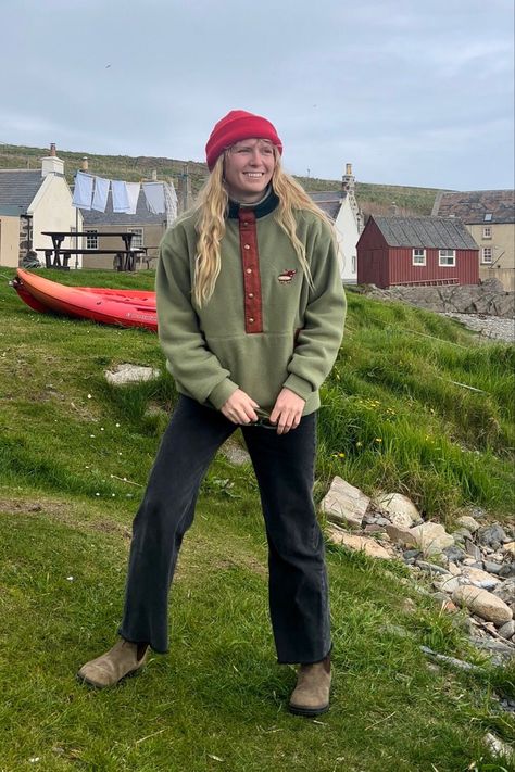 Fleece clothing handmade in Scotland by a coldwater surfergirl Coastal Hiking Outfit, Seattle In Summer Outfits, Hiking In Scotland Outfit, Preppy Outdoorsy Outfits, Vintage Fleece Outfit, Environmental Outfits, Scotland Aesthetic Outfit, New England Aesthetic Clothing, Fleece Aesthetic