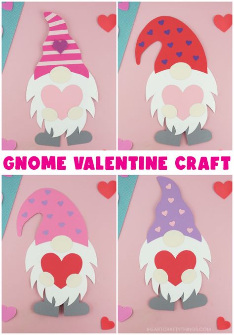 Four image collage photo showing four different paper gnomes with different hat colors and designs for Valentine's Day. The text "Gnome Valentine Craft" is placed in the center of the photo. Valentines Cards For Kindergarten, 3d Valentine Crafts, Valentines Art For Kids Classroom, Valentine Cards For Kids To Make, Preschool Gnome Craft, Easy Valentine Holders For Kids Classroom, Valentines Day Projects For Kids, Home Made Valentine Cards, Valentine’s Day Craft